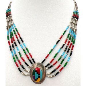 SW NA Style Multicolor Heishi Beads Liquid Silver Necklace Inlayed Stones Pendan